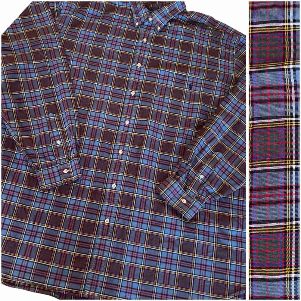 Ralph Lauren Polo Blue Red Green Plaid LS Collared Button Down Men's Size 4XL
